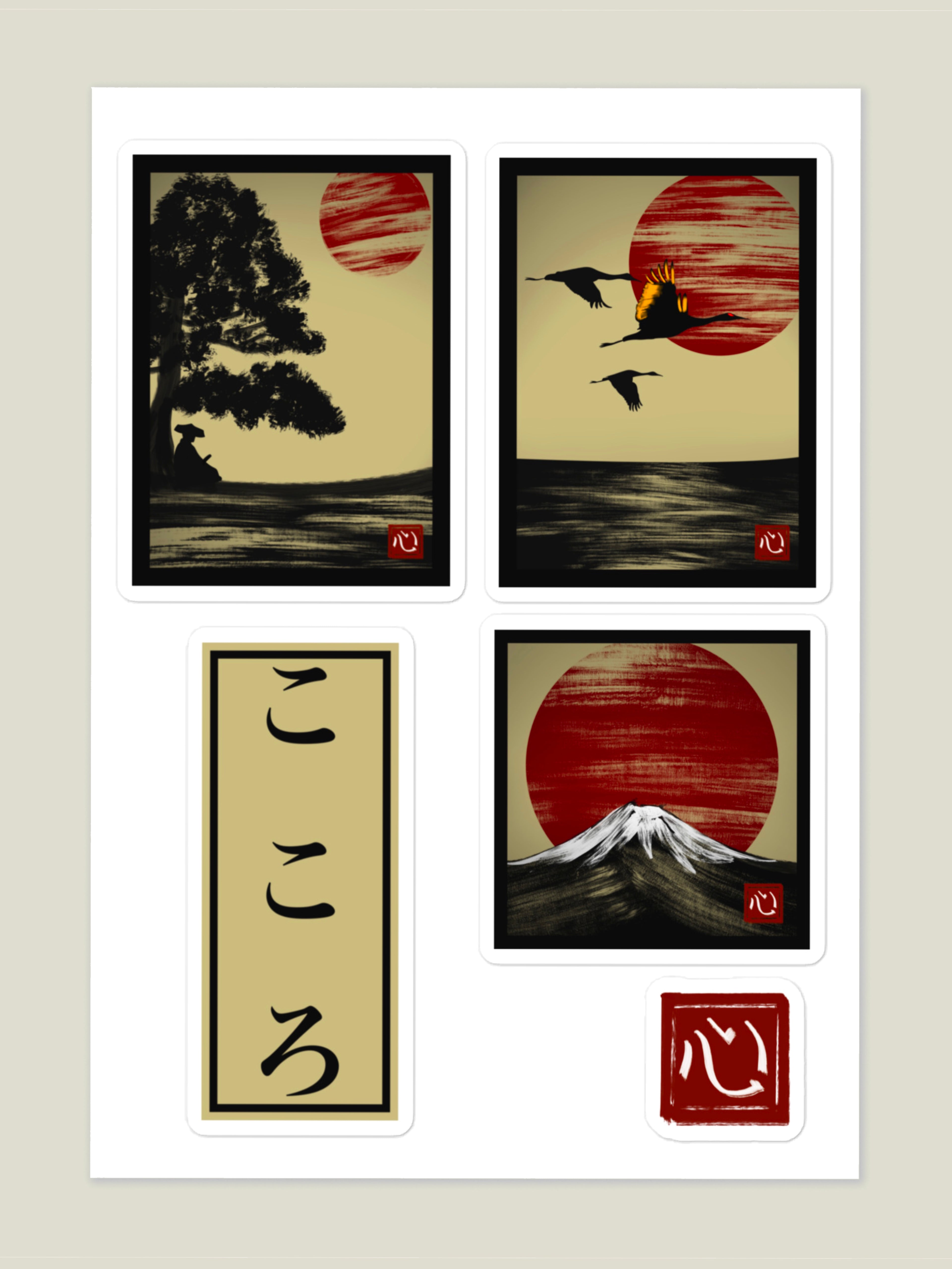 Kokoro Japanese-inspired sticker sheet featuring bold graphics and red sun