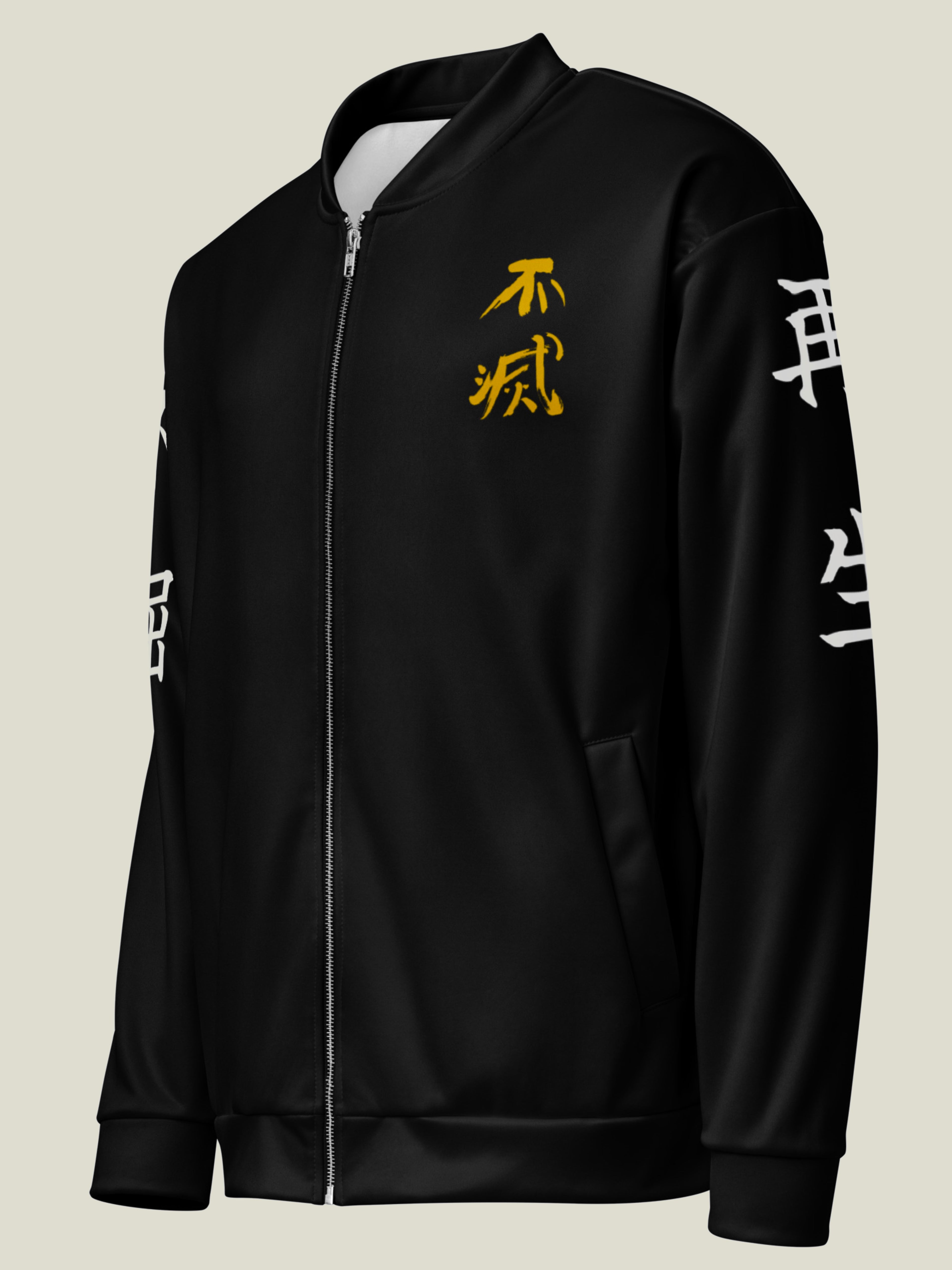 Front angled vieww of black zip up jacket with gold kanji writing on the front and white kanji on the sleeve